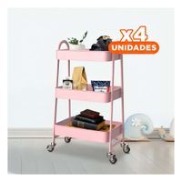 Pack4 Organizador practico 3 niveles con ruedas y asas metal rosado para oficina y sala