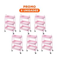 Pack6 Estante versatil 3 niveles con ruedas y asas metal rosado para casa moderna