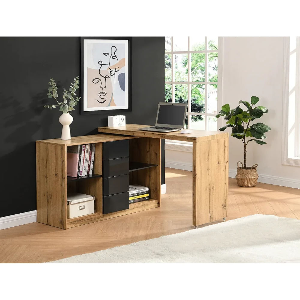Escritorio en L Sassy Ventitas Home Color Macadamia y High Gloss Negro