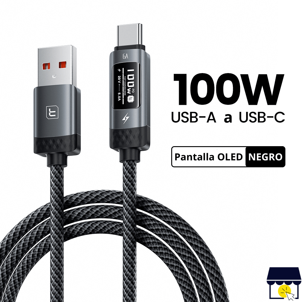 Cable USB-A a USB-C 100W con Pantalla OLED Carga Rápida Turbo 1Mtr