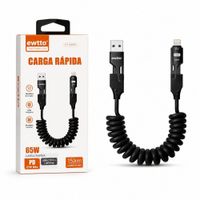 Cable Espiral de Carga Rápida 65W Ewtto 4 en 1 USB-A USB-C Lightning 1.5 m
