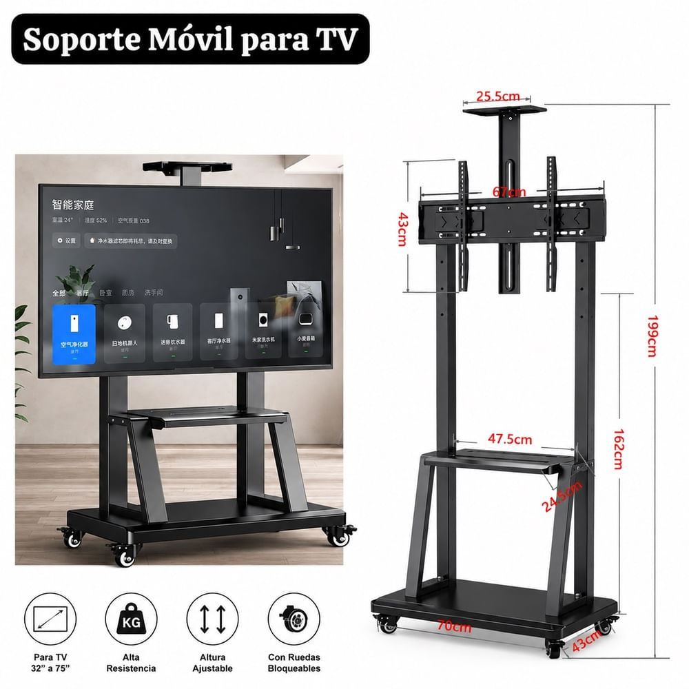Pedestal Móvil para TV con Ruedas  Soporte para Pantallas de 32 a 75 Pulgadas
