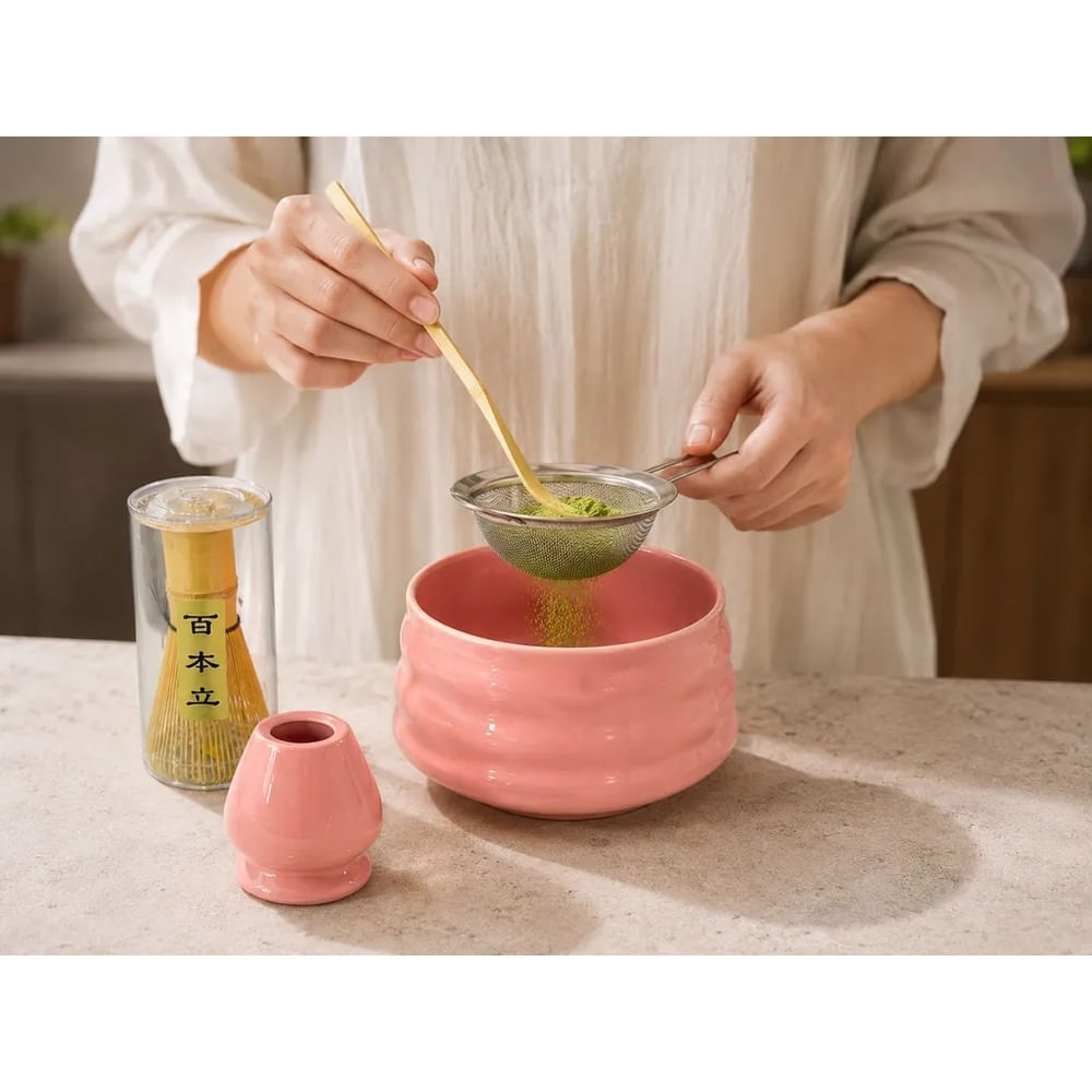 Set Completo para Preparar Matcha 5 Piezas con Chasen y Bowl de Cerámica Rosa