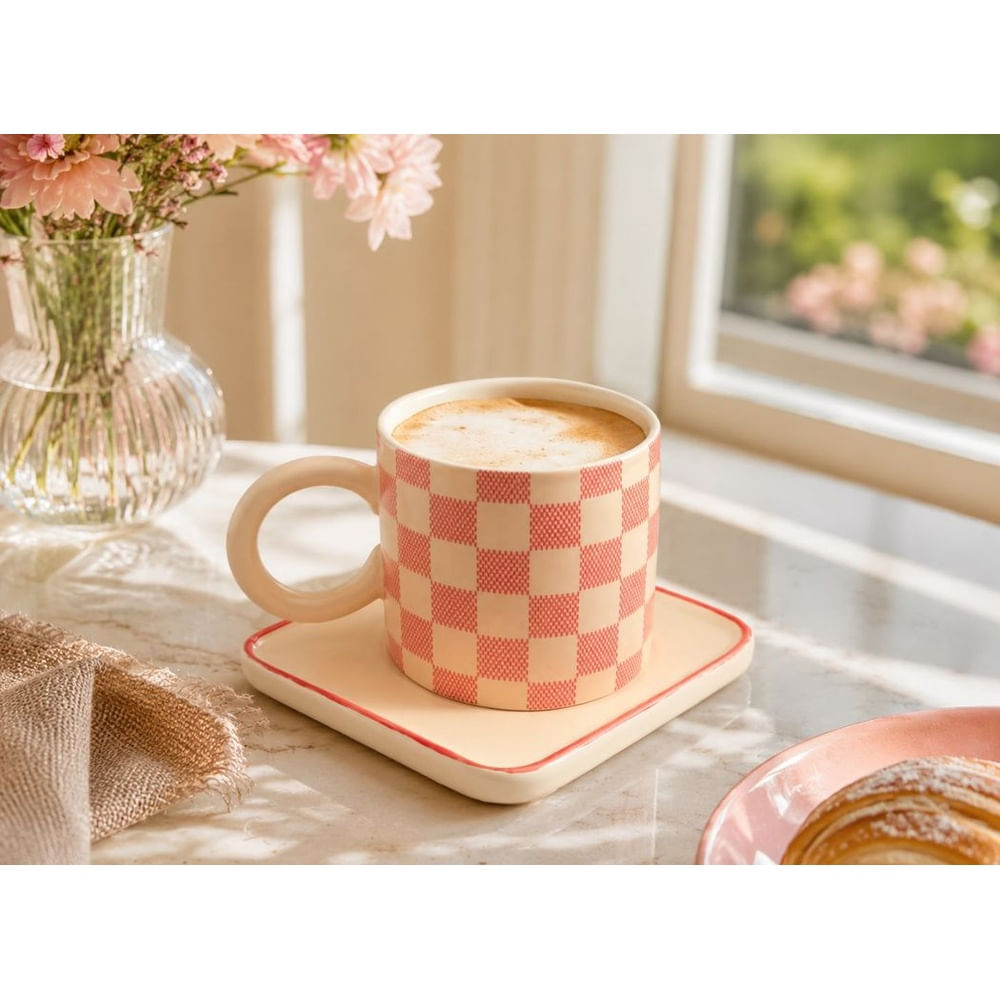 Taza de Cerámica con Plato Cuadrado 250 ml Rosa Diseño a Cuadros