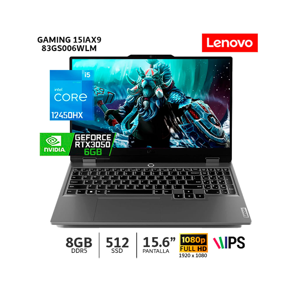 Laptop Lenovo LOQ 15IAX9 CI5 12450HX 8Gb Ram 512Gb SSD 15.6 FHD RTX 3050 6Gb  83GS006WLM