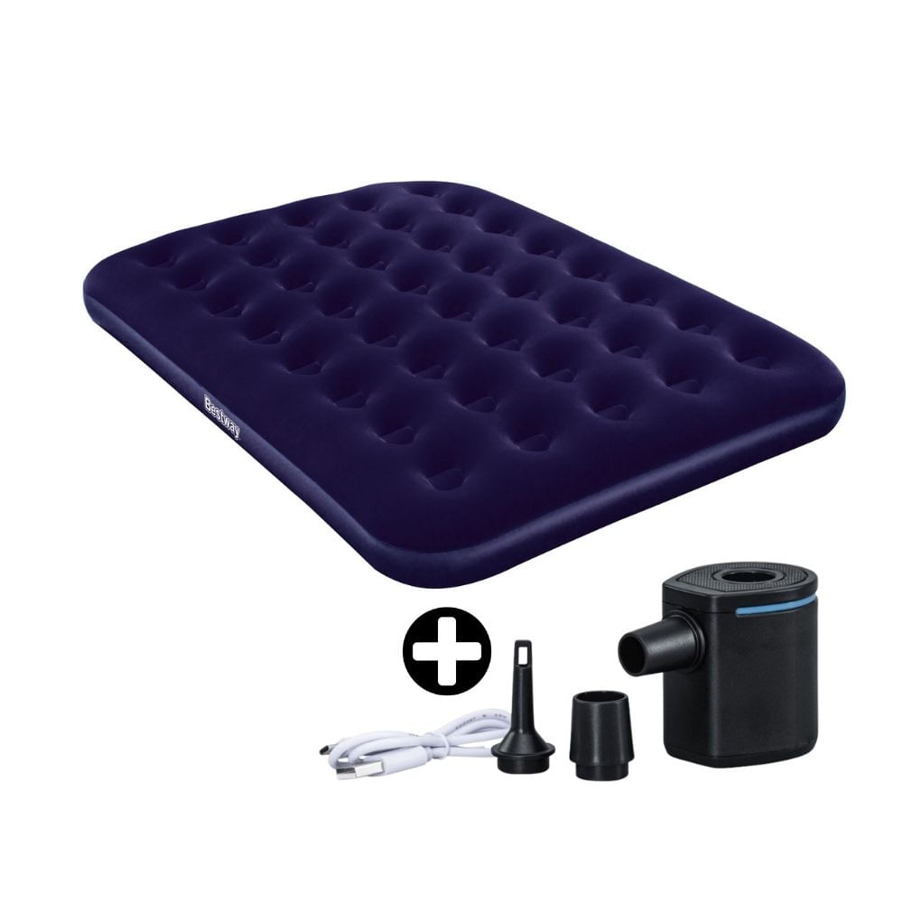 COMBO Bestway: Colchón Inflable 2 Plazas Azul + Bomba de Aire Eléctrica Powertouch Pocket Usb