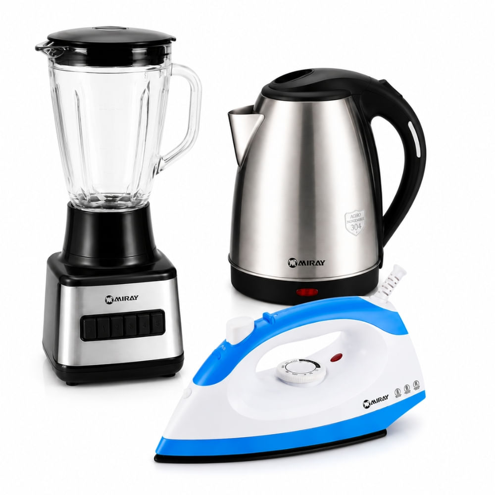Combo Licuadora 1.5L Negra Más Hervidor 1.8L Gris Más Plancha 1200W Azul