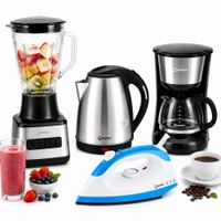 Combo Licuadora 1.5L Negra Más Hervidor 1.8L Gris Más Cafetera 6 Tazas Negra Más Plancha 1200W Azul