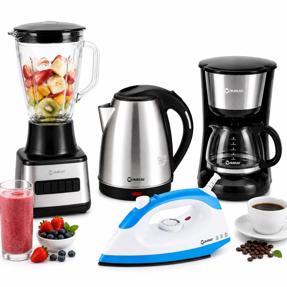 Combo Licuadora 1.5L Negra Más Hervidor 1.8L Gris Más Cafetera 6 Tazas Negra Más Plancha 1200W Azul