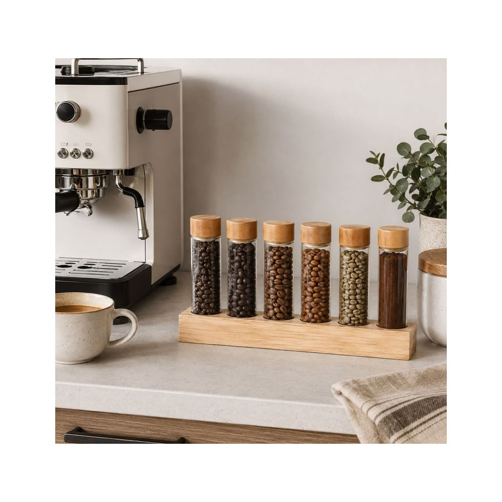 Organizador de Granos de Café con 6 Tubos de Vidrio y Bambú