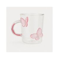 Taza de Vidrio Borosilicato 450ml con Mariposas 3D Rosado y Asa Decorada