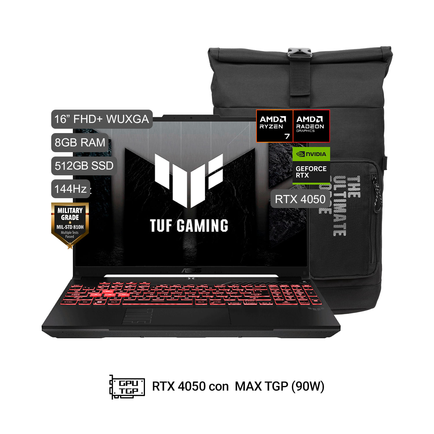 Laptop ASUS TUF Gaming 16"" AMD Ryzen™ 7 FA607NUQ-RL210W 8GB RAM 512GB SSD RTX 4050 + Mochila TUF