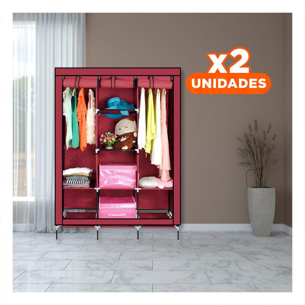 Pack2 Closet Resistente Textil con Soporte Metalico Guinda Casa 175x45x130cm Y Regalo Sticker