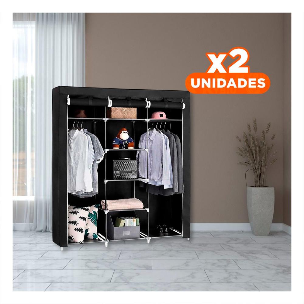 Pack2 Closet Amplio Textil con Soporte Metalico Firme Negro 175x45x130cm Y Papel Regalo