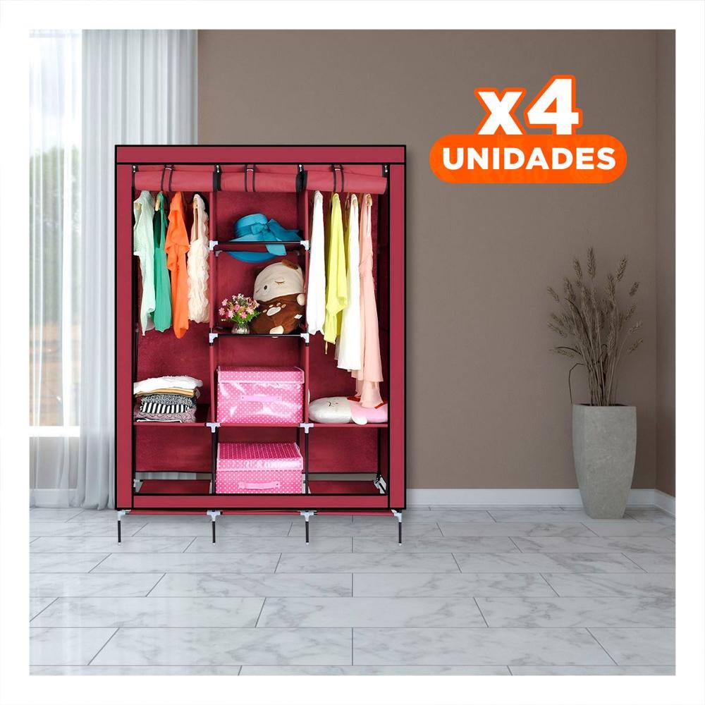 Pack4 Closet Portatil Textil con Base Metalica Firme Guinda para Casa 175x45x130cm