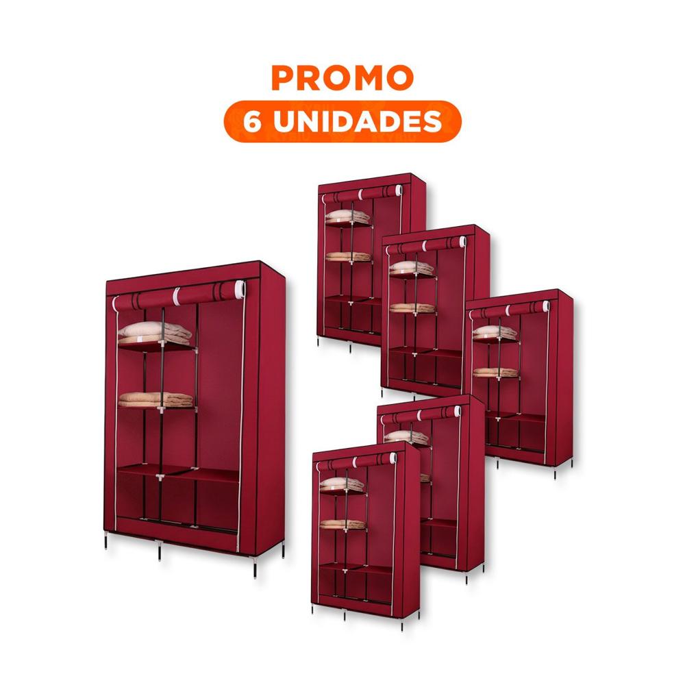 Pack6 Guardarropa Practico Textil con Estructura Metalica Guinda Moderno 105x45x168cm