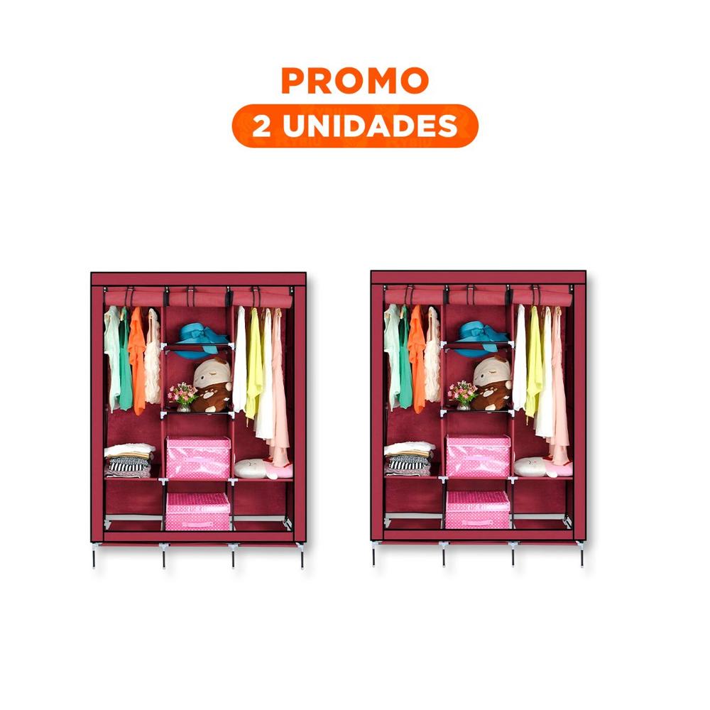 Pack2 Closet Amplio Textil con Soporte Metalico Firme Guinda para Casa 175x45x130cm