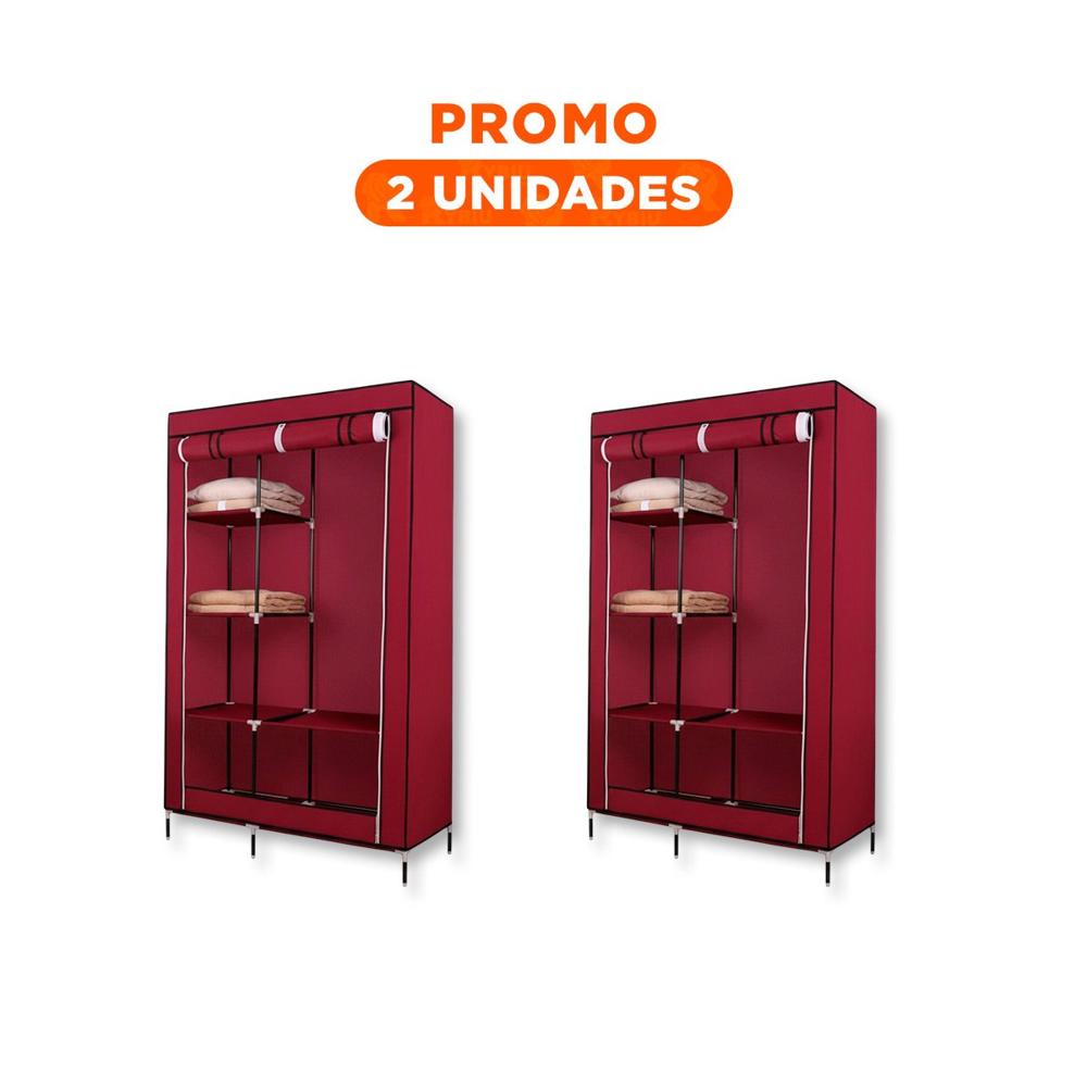 Pack2 Closet Amplio Textil con Soporte Metalico Firme Guinda para Casa 105x45x168cm