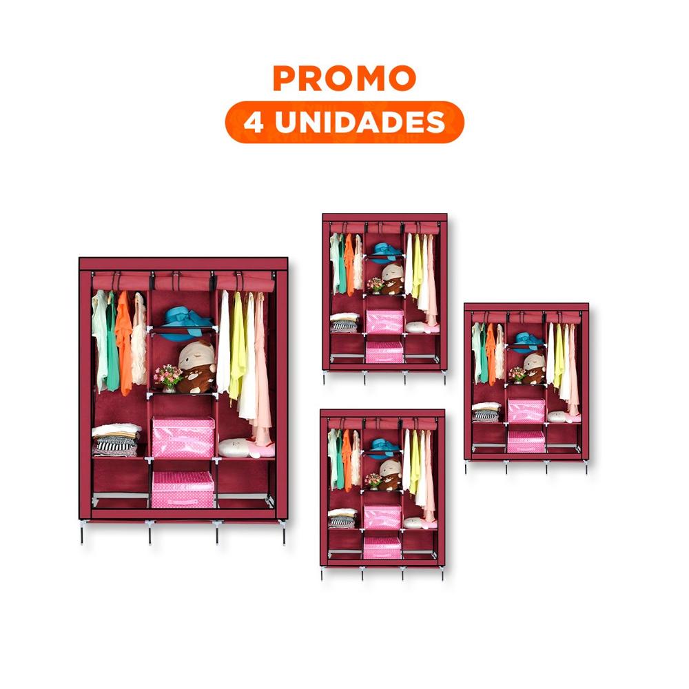 Pack4 Guardarropa Moderno Textil con Tubos de Metal Guinda 175x45x130cm Y Regalo Sticker