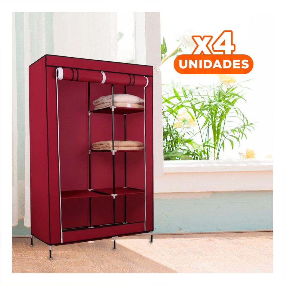 Pack4 Closet Portatil Textil con Base Metalica Firme Guinda para Casa 105x45x168cm