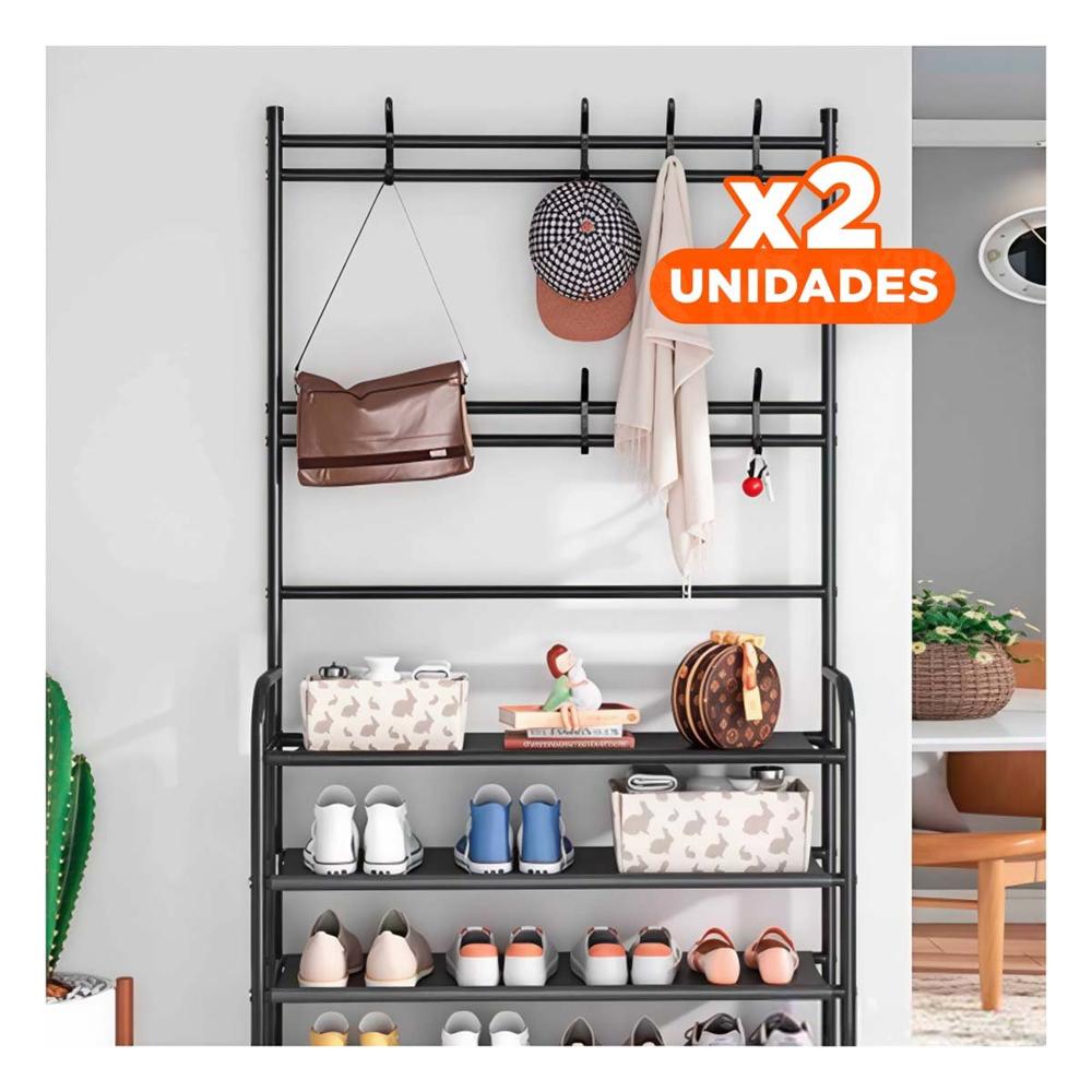 Pack2 Zapatera con Percheros Curvos Negro para Organizar Calzado y Ropa