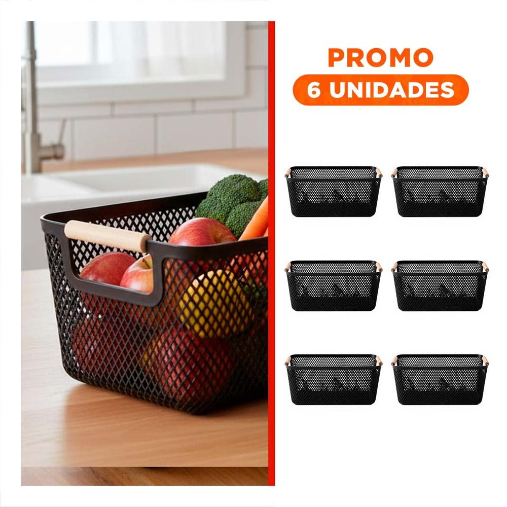 Pack6 Organizador Multiuso de Malla con Asas de Madera Negro para Articulos Y Regalo Sticker
