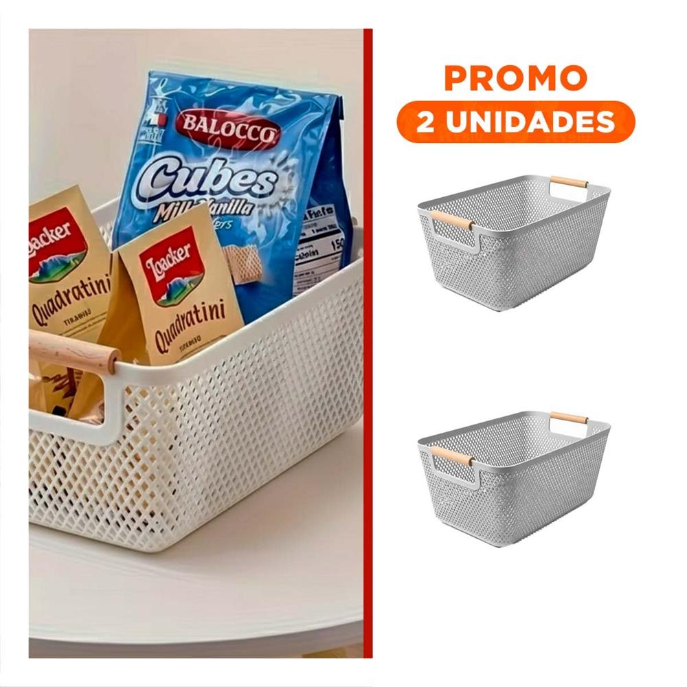 Pack2 Canasta Decorativa Malla con Asas de Madera Plomo Claro Rectangular Y Regalo Sticker