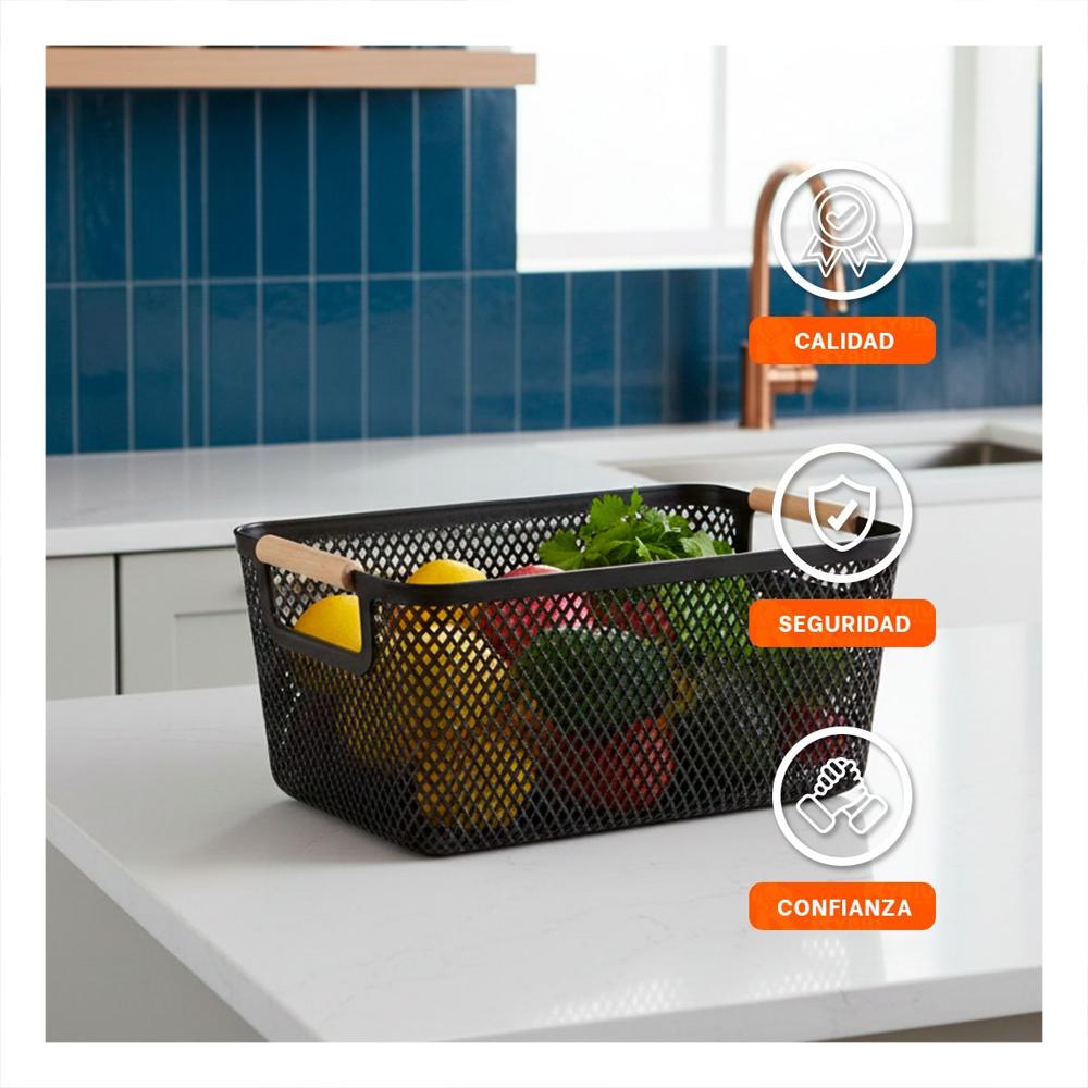 Cesta Malla con Asas de Madera Negro para Ordenar Espacios en Hogar y Cocina