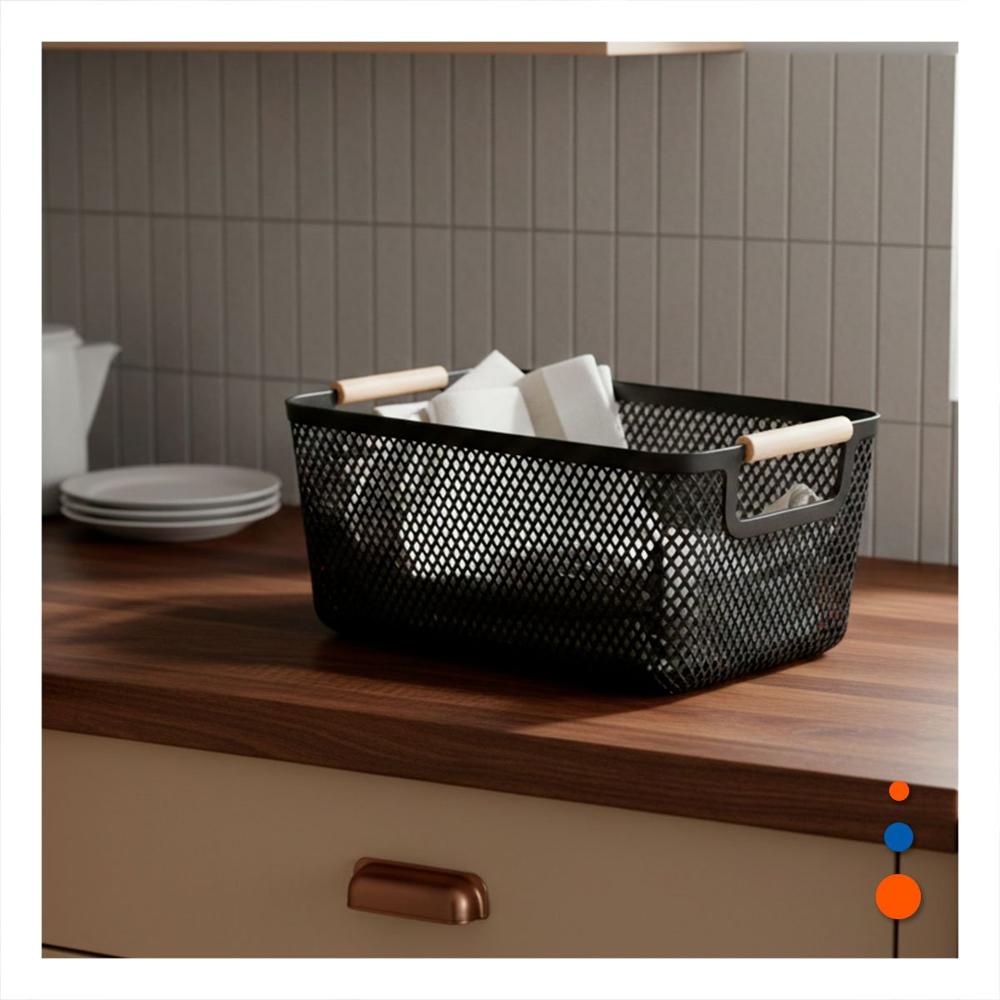Caja Malla con Asas de Madera Negro para Almacenar Articulos en Casa Y Notas