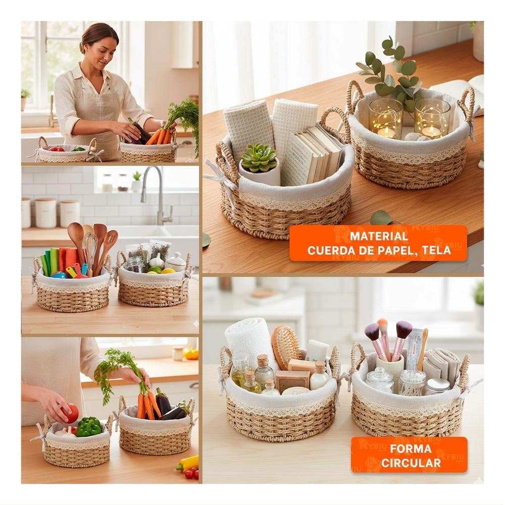 Set 2 Contenedor Circular Tejido con Forro Beige y Plomo Decorativo y Funcional Y Ligas Regalo