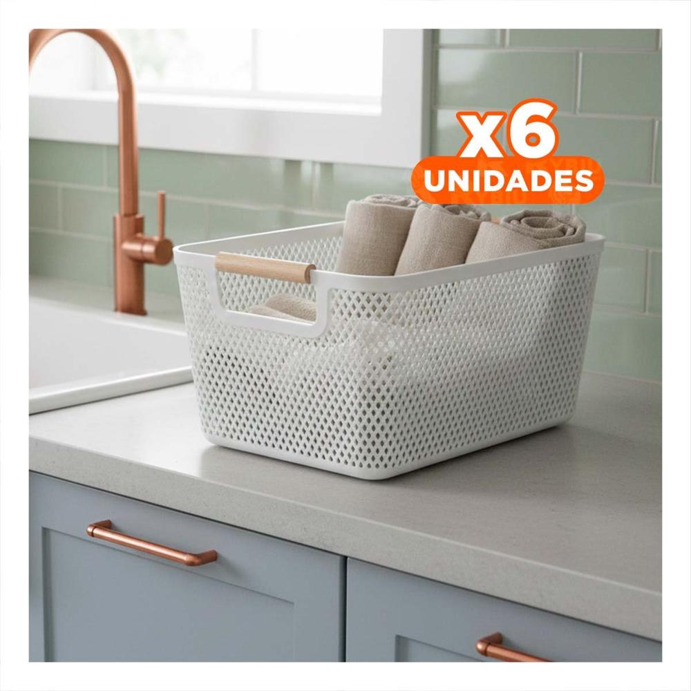 Pack6 Canasta Versatil Malla con Asas de Madera Plomo Claro Rectangular de Casa Y Papel Regalo