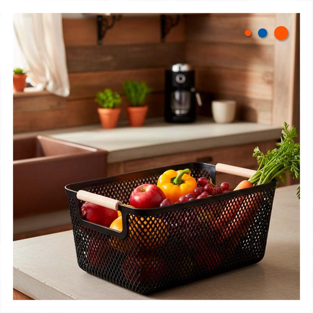 Canasta Malla con Asas de Madera Negro para Guardar Ropa y Accesorios en Casa Y Papel Regalo