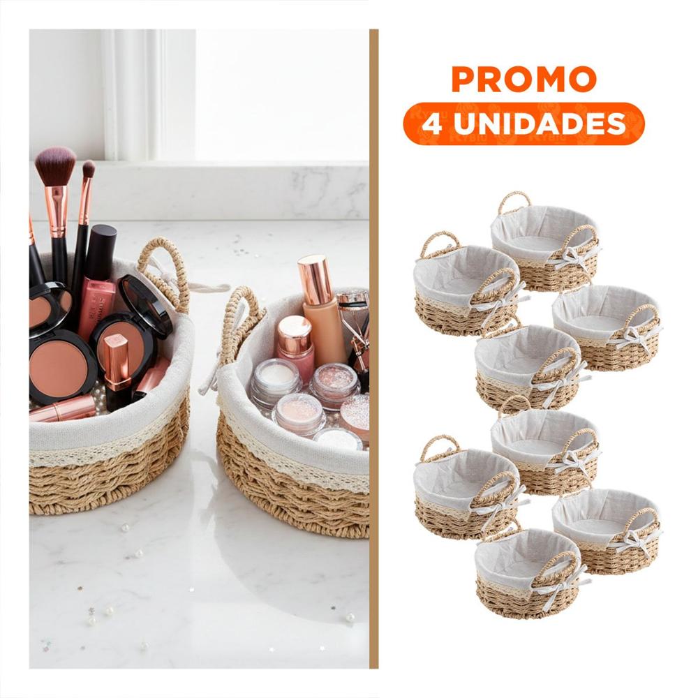 Pack4 Conjunto 2 Contenedor Circular Tejido con Forro Beige y Plomo para Organizar Hogar