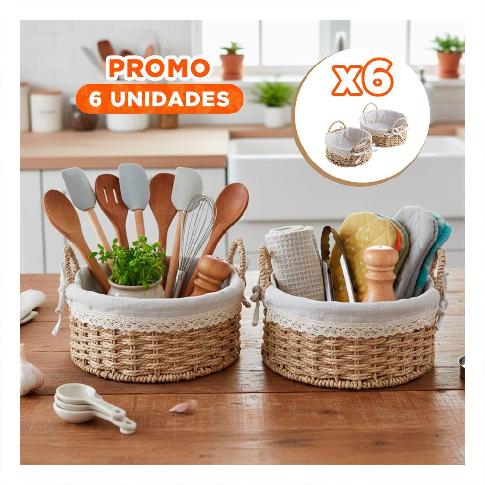 Pack6 Pack 2 Canasto Circular Tejido con Forro Beige y Plomo para Guardar Accesorios
