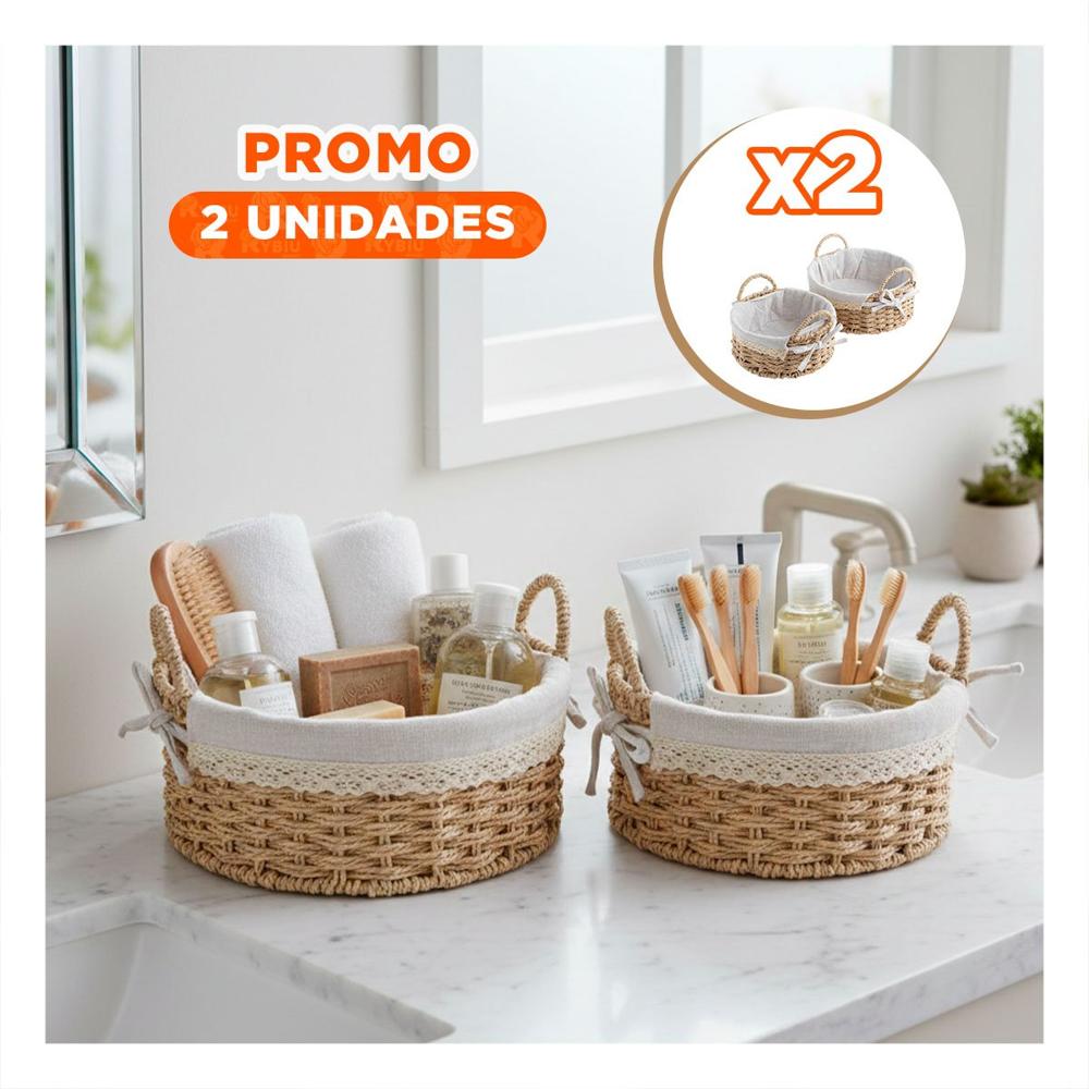 Pack2 Conjunto 2 Canasto Circular Tejido con Forro Beige y Plomo para Ropa Y Papel Regalo
