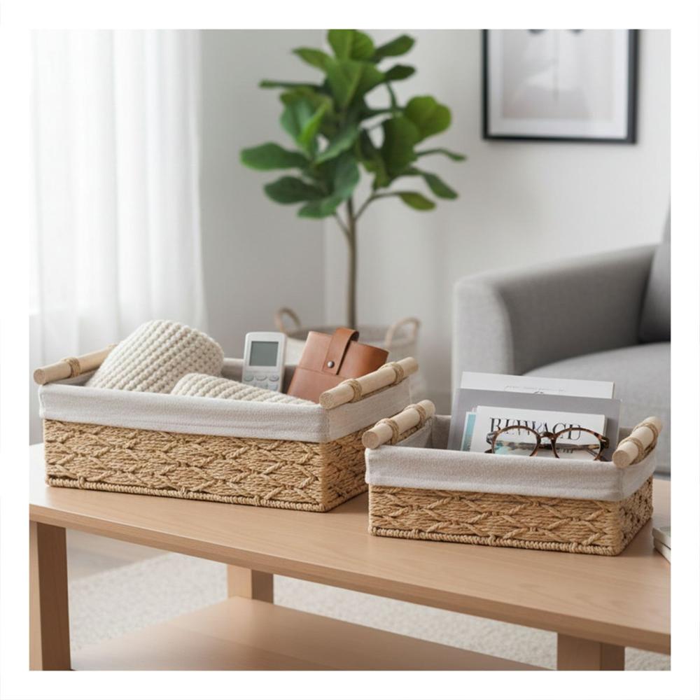 Canasta Multiuso para Ordenar Espacios con Asas de Madera Mostaza 24.5x14.5cm Y Papel Regalo