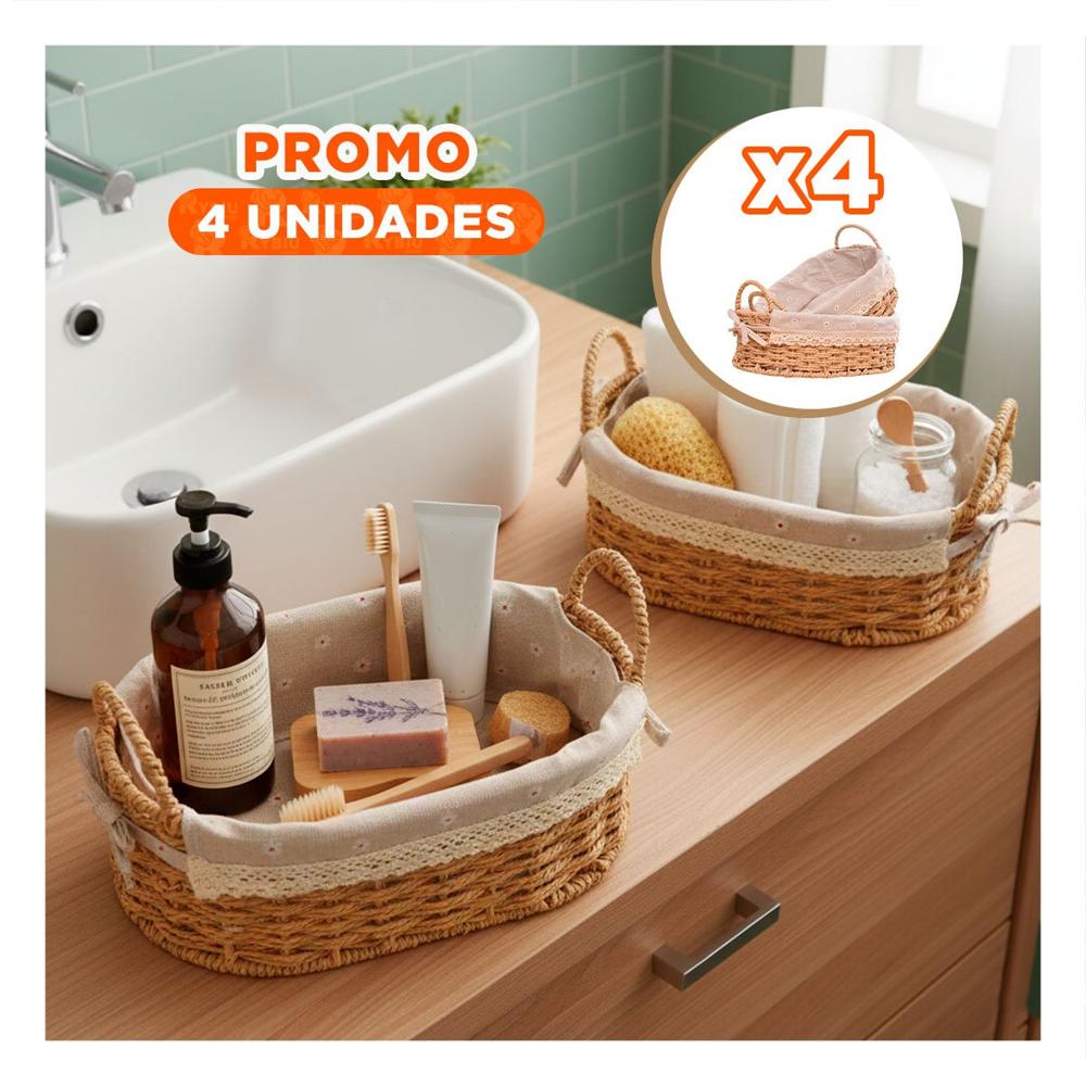 Pack4 Pack 2 Cesta Ovalada Tejida con Forro Beige y Plomo para Ordenar Casa Y Regalo Sticker