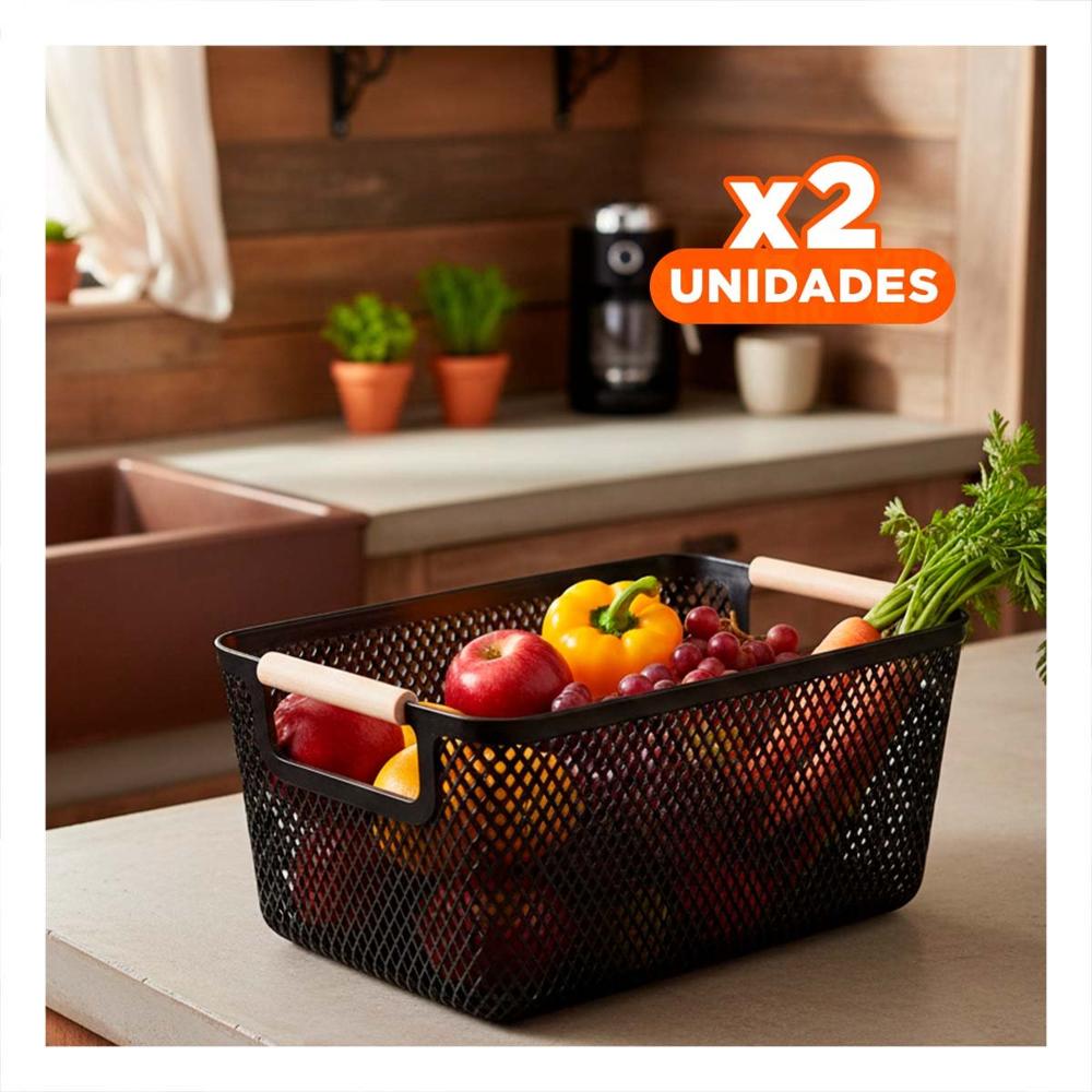 Pack2 Canasta Decorativa de Malla con Asas de Madera Negro para Guardar Objetos Y Papel Regalo