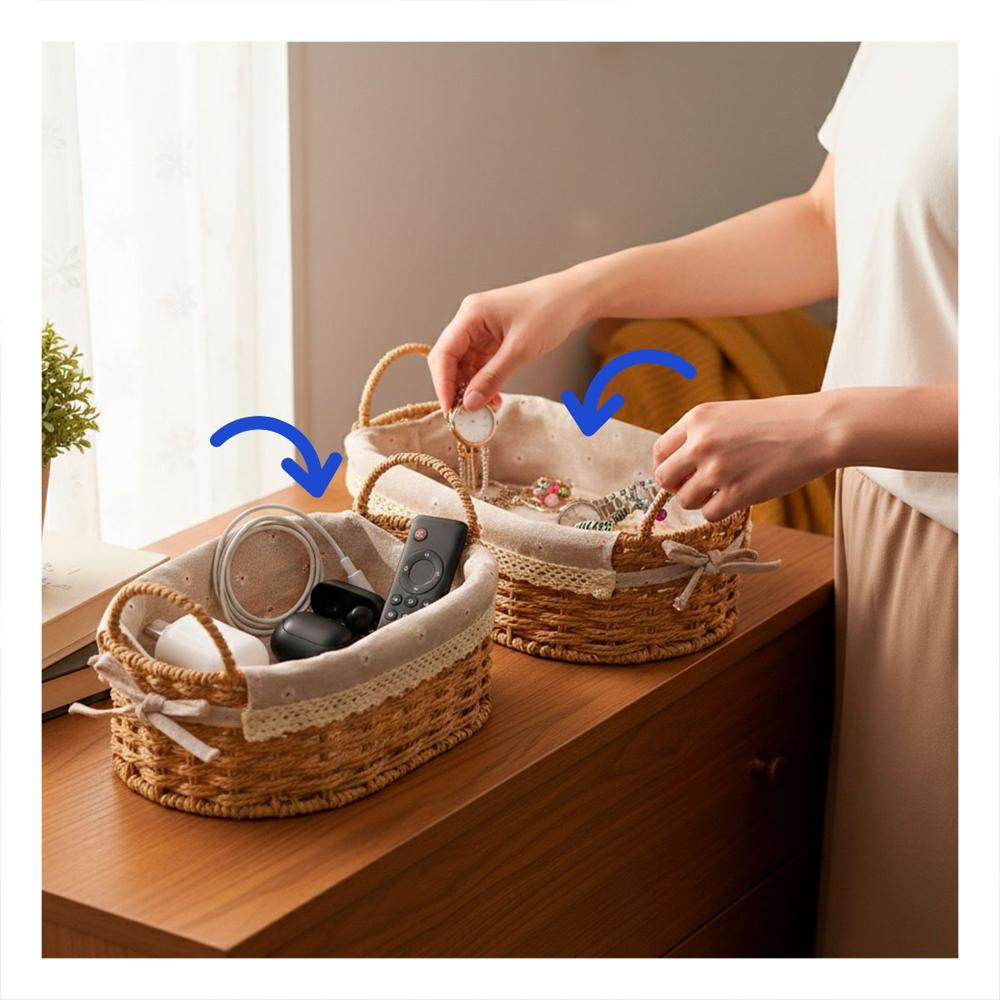 Set 2 Cesta Ovalada Tejida con Forro Beige y Plomo para Ordenar Hogar