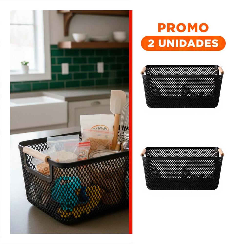 Pack2 Contenedor Decorativo de Malla con Asas de Madera Negro para Ordenar Y Regalo Sticker