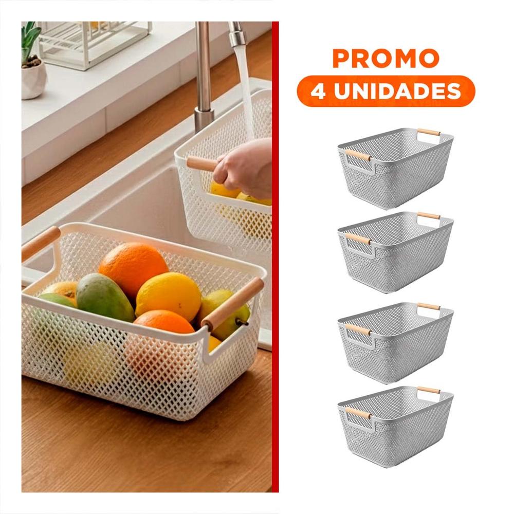 Pack4 Bandeja Funcional Malla con Asas de Madera Plomo Claro Rectangular Y Papel Regalo