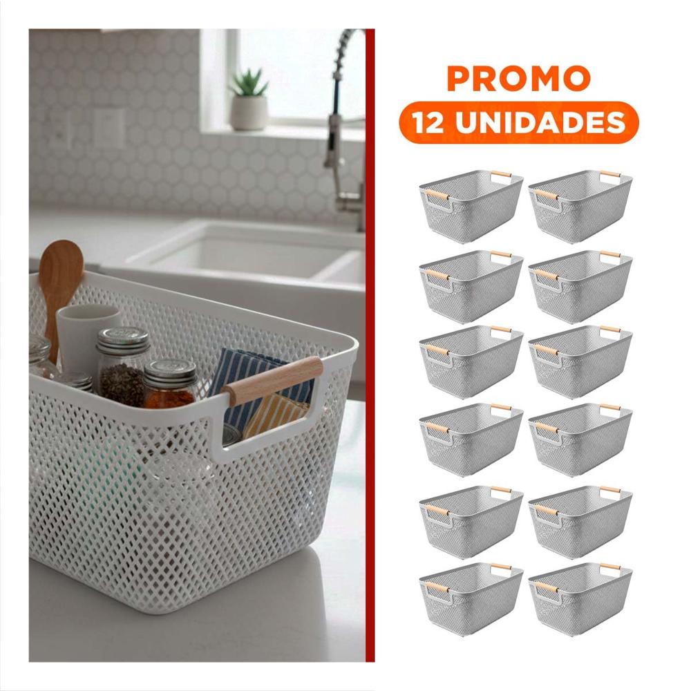 Pack12 Cesta Decorativa Malla con Asas de Madera Plomo Claro Rectangular para Sala y Oficina