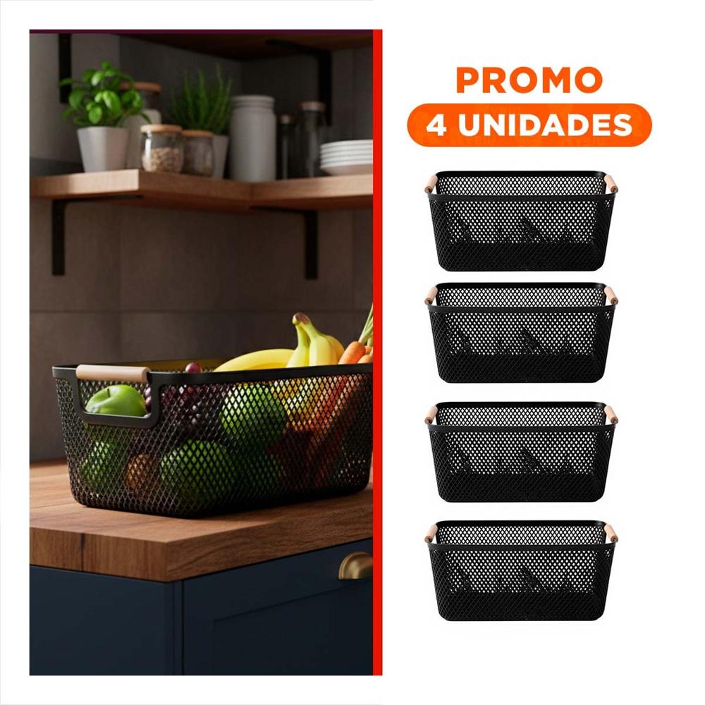 Pack4 Organizador Decorativo de Malla con Asas de Madera Negro para Colocar Accesorios en Casa