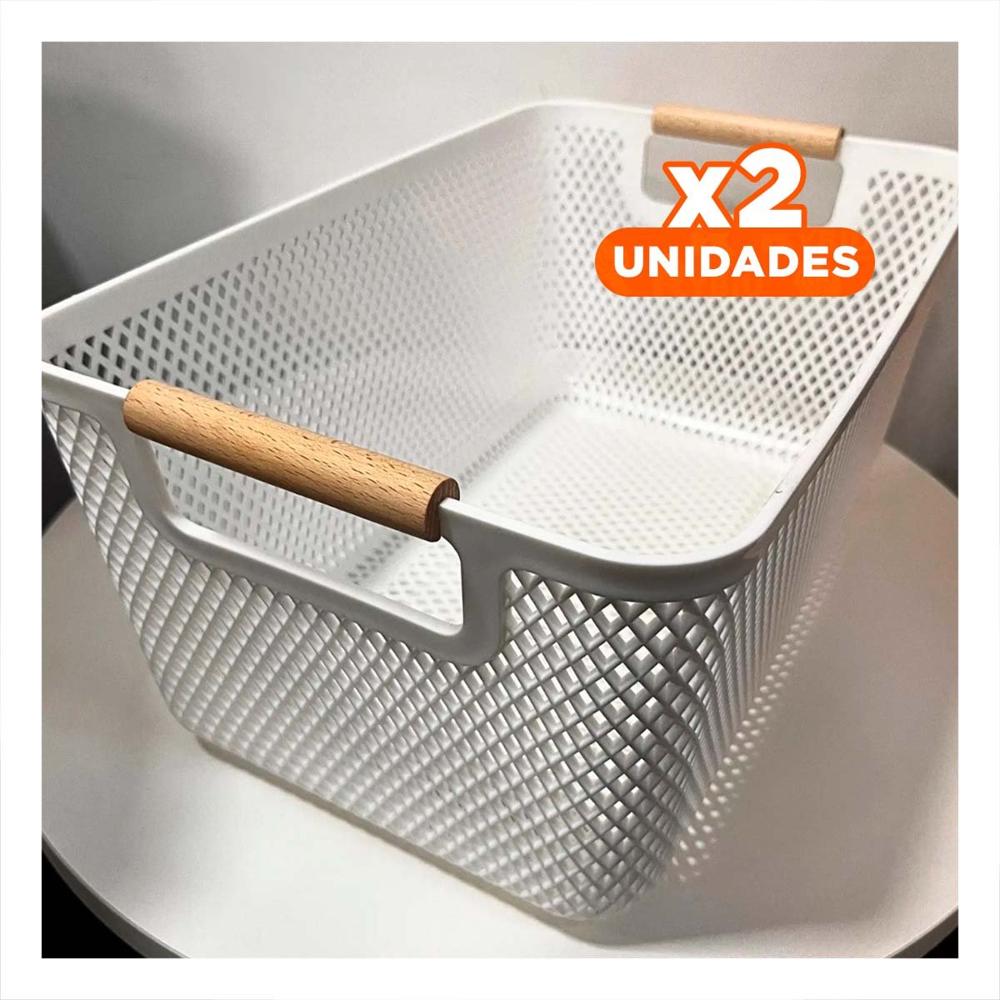 Pack2 Contenedor Resistente Malla con Asas de Madera Plomo Claro Rectangular Y Papel Regalo