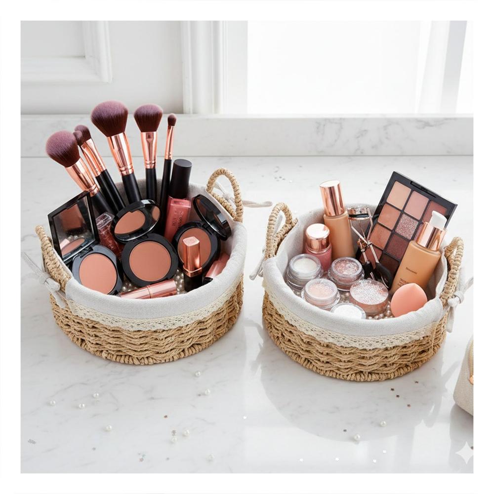 Set 2 Cesta Circular Tejida con Forro Beige y Plomo para Ordenar Hogar