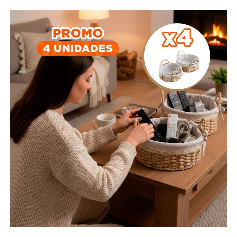 Pack4 Conjunto 2 Caja Circular Tejida con Forro Beige y Plomo para Objetos Y Papel Regalo