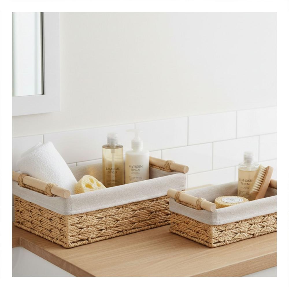 Canasta Rectangular de Tela con Asas de Madera Color Mostaza 24.5x14.5cm