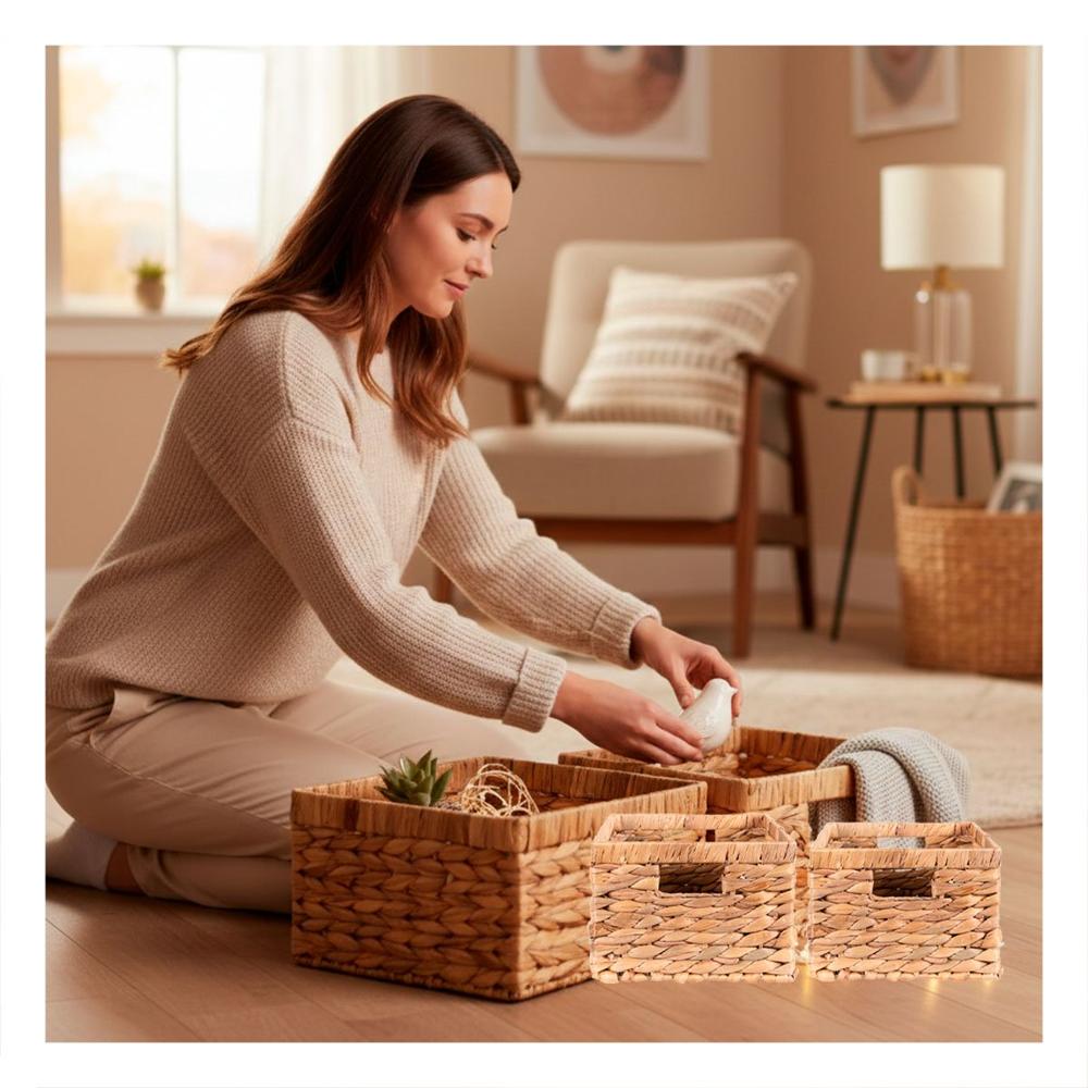 Set 2 Cestas Tejidas Cuadradas Mostaza con Asas Interiores para Decoracion Hogar