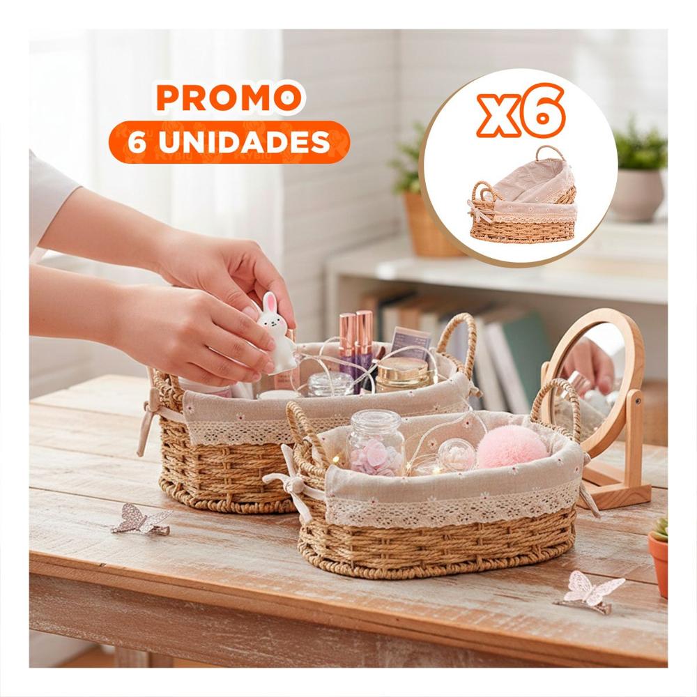Pack6 Pack 2 Bandeja Ovalada Tejida con Forro Beige y Plomo para Ropa u Objetos Y Papel Regalo