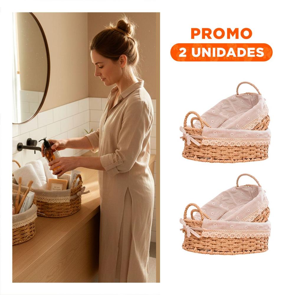 Pack2 Conjunto 2 Bandeja Ovalada Tejida con Forro Beige y Plomo Decorativa Y Regalo Sticker